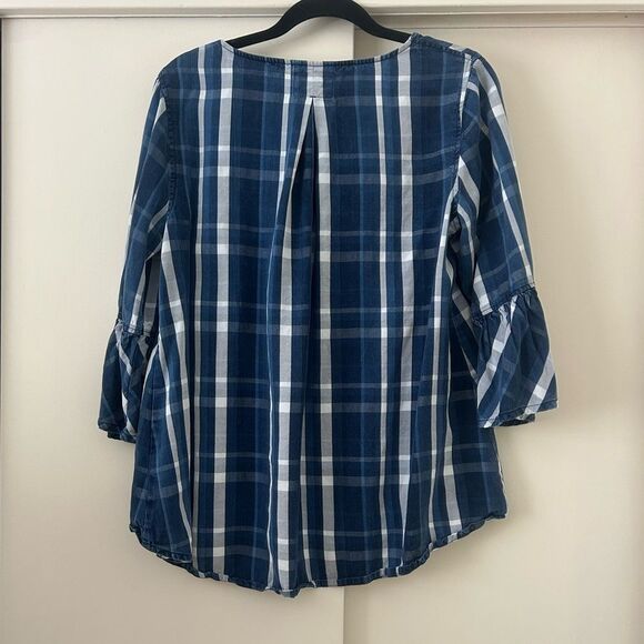 John Mark Blue Plaid Ruffle Sleeve Top Women's Size Medium Tunic Shirt - Picture 6 of 7